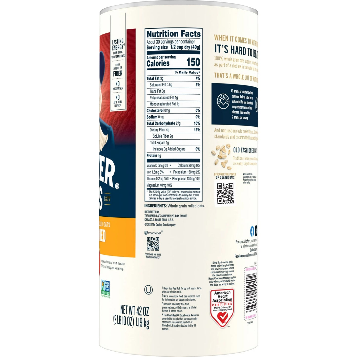 Quaker Old Fashioned Instant Whole Grain Oatmeal, 42 oz Canister Dry Oats