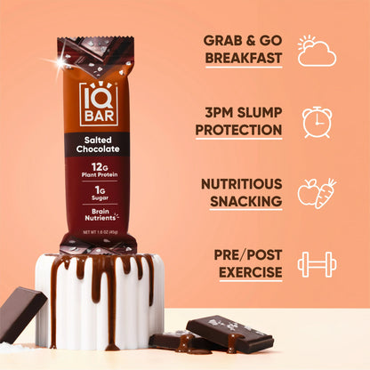 IQBAR Salted Chocolate Protein Bars - Vegan Energy Bars - High Fiber Vegan Snacks - 4 Count Box