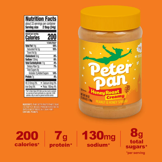 Peter Pan Creamy Honey Roasted Peanut Butter, Smooth, Gluten-Free, 40 oz Jar