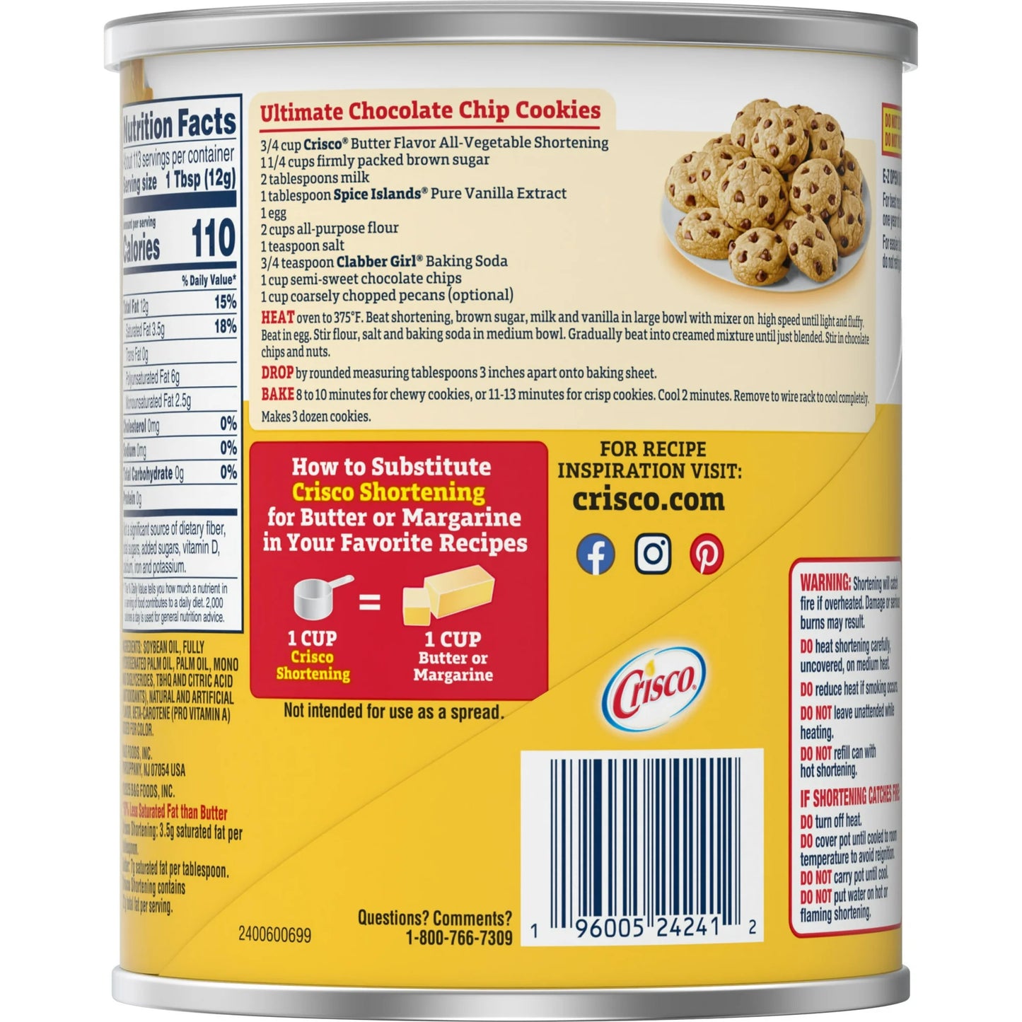 Crisco All-Vegetable Butter Flavor Vegetable Shortening Can, Shelf-Stable, 48 oz