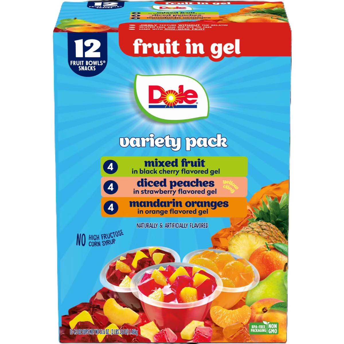 Dole Fruit Bowls Peaches, Mandarin Oranges, and Mixed Fruit in Gel, 4.3 oz Cups (12 Pack)