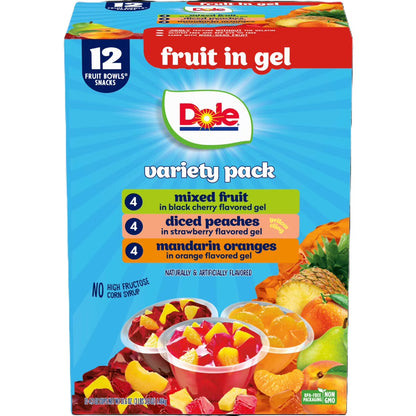 Dole Fruit Bowls Peaches, Mandarin Oranges, and Mixed Fruit in Gel, 4.3 oz Cups (12 Pack)