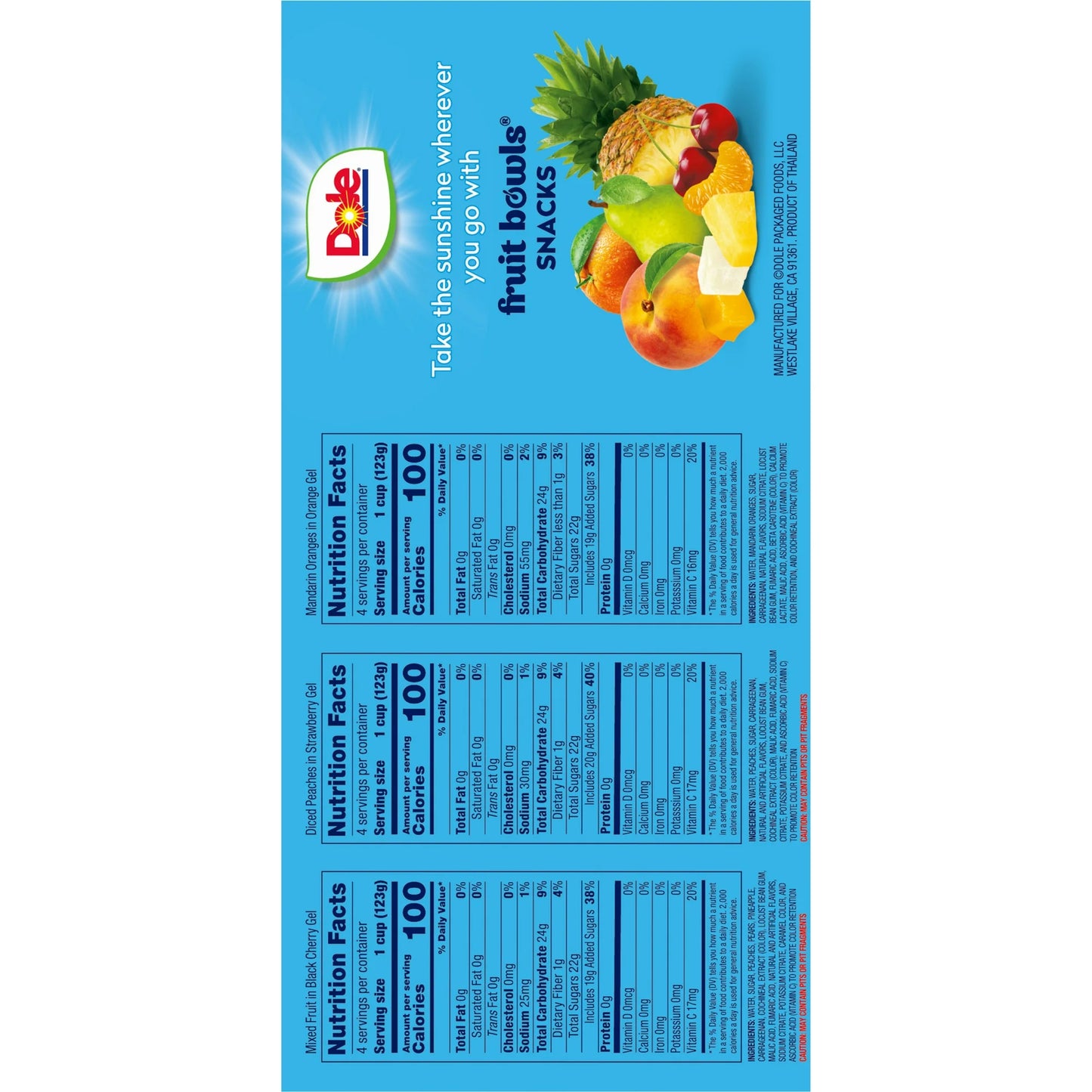 Dole Fruit Bowls Peaches, Mandarin Oranges, and Mixed Fruit in Gel, 4.3 oz Cups (12 Pack)