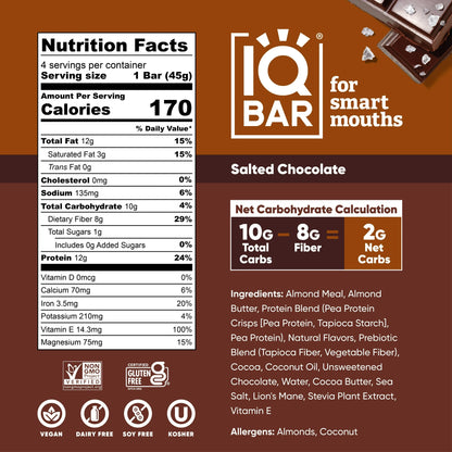 IQBAR Salted Chocolate Protein Bars - Vegan Energy Bars - High Fiber Vegan Snacks - 4 Count Box