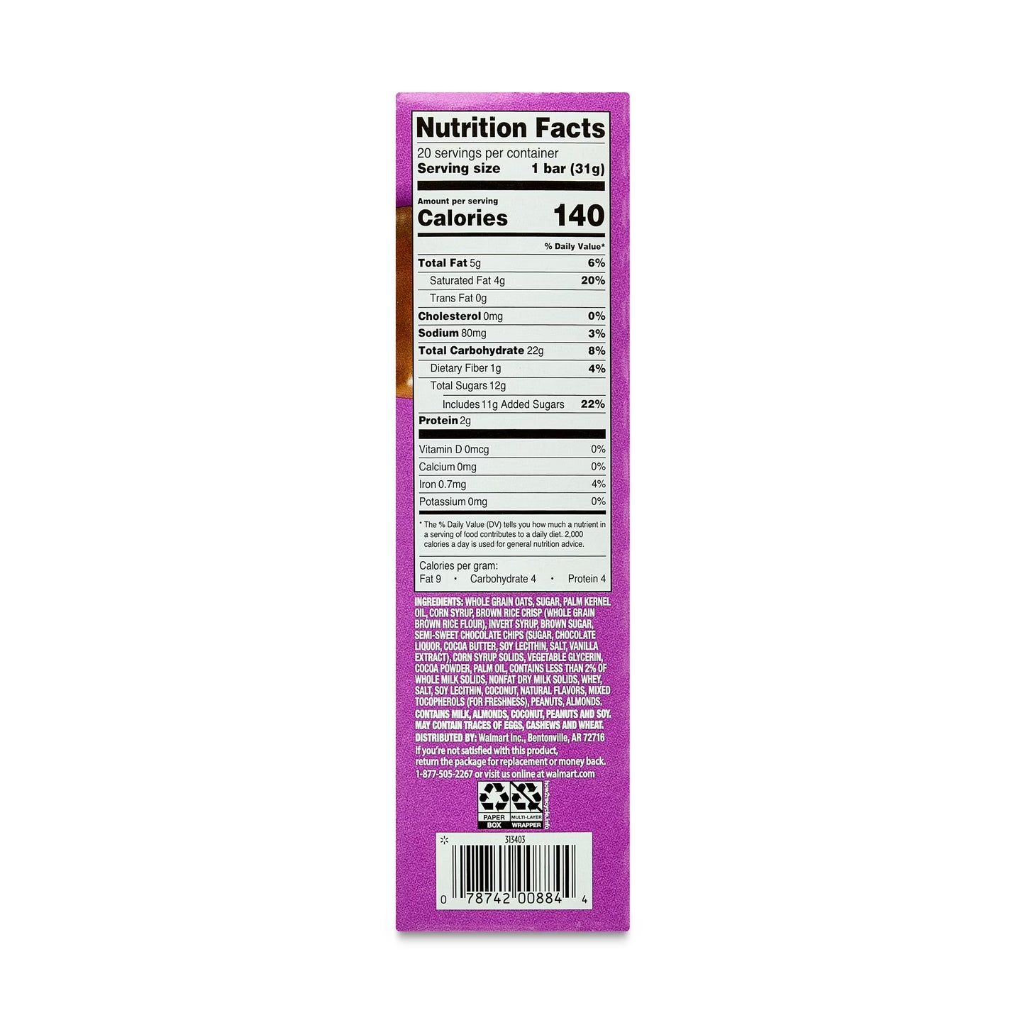 Great Value Chocolate Chip Dipped Chewy Granola Bars, 1.1 oz Paper Box, 20 Count