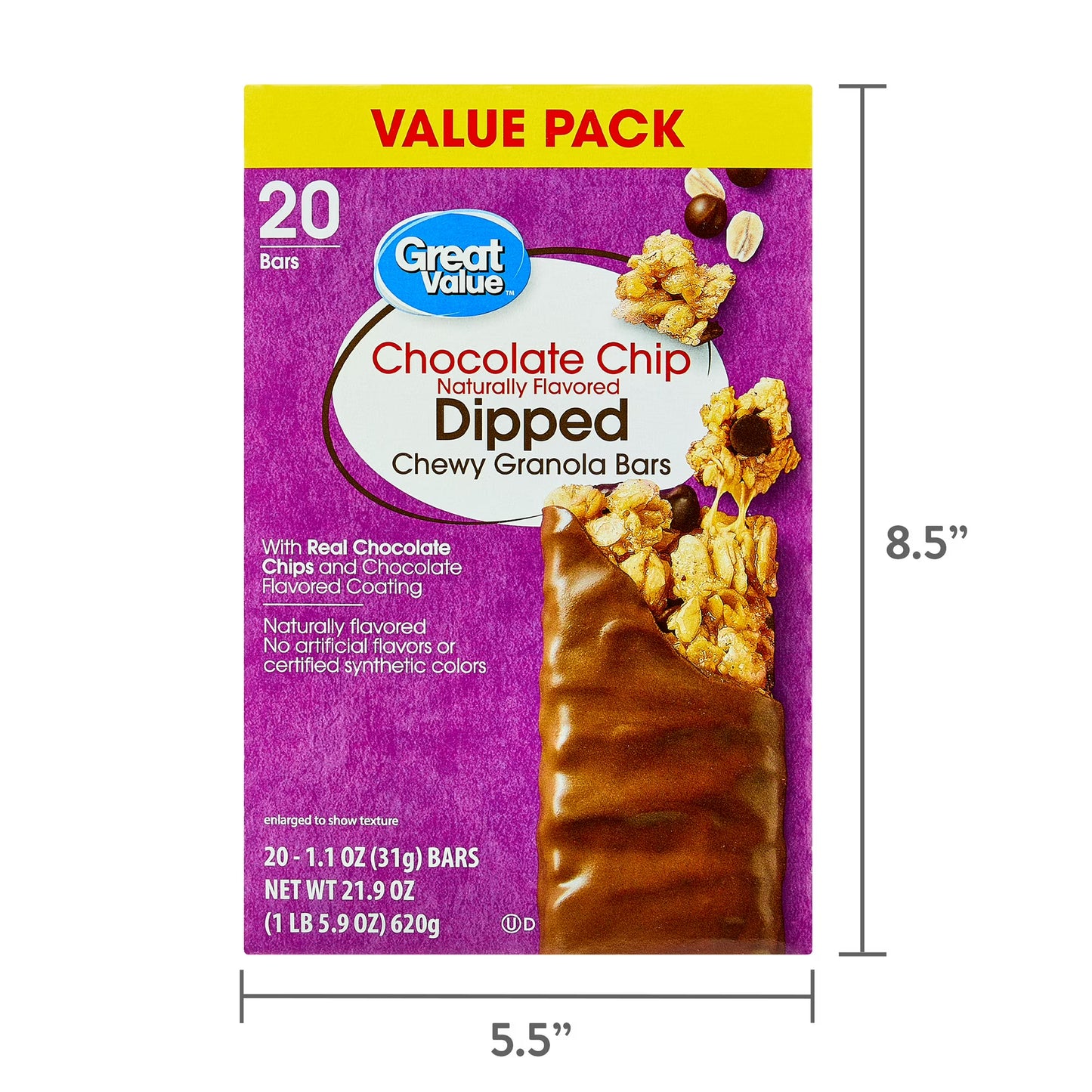 Great Value Chocolate Chip Dipped Chewy Granola Bars, 1.1 oz Paper Box, 20 Count