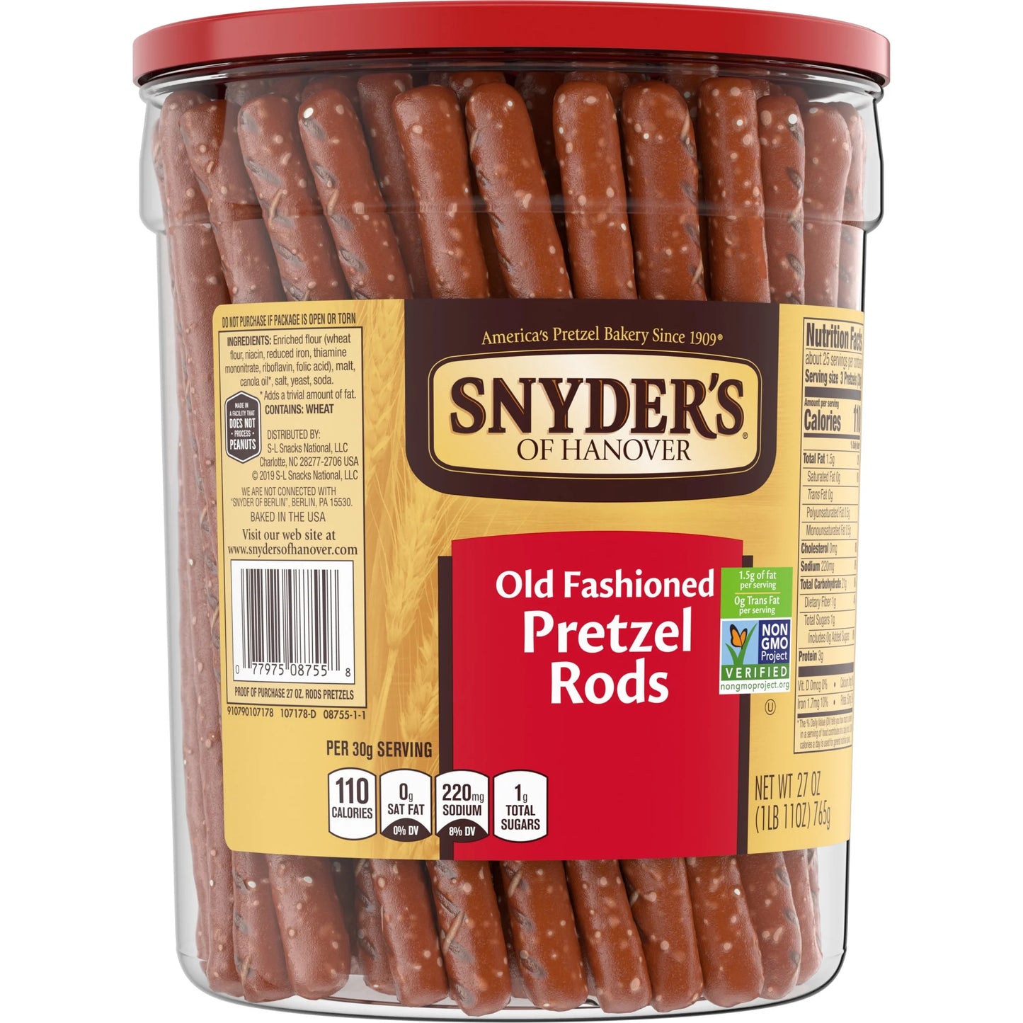 Snyder's of Hanover, Old Fashioned Pretzel Rods, 27 oz Canister